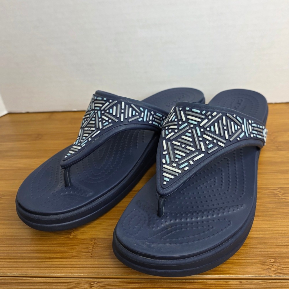 Crocs Monterey Beaded Wedge Flip Flops Navy Blue Women Size 9 Sandals
